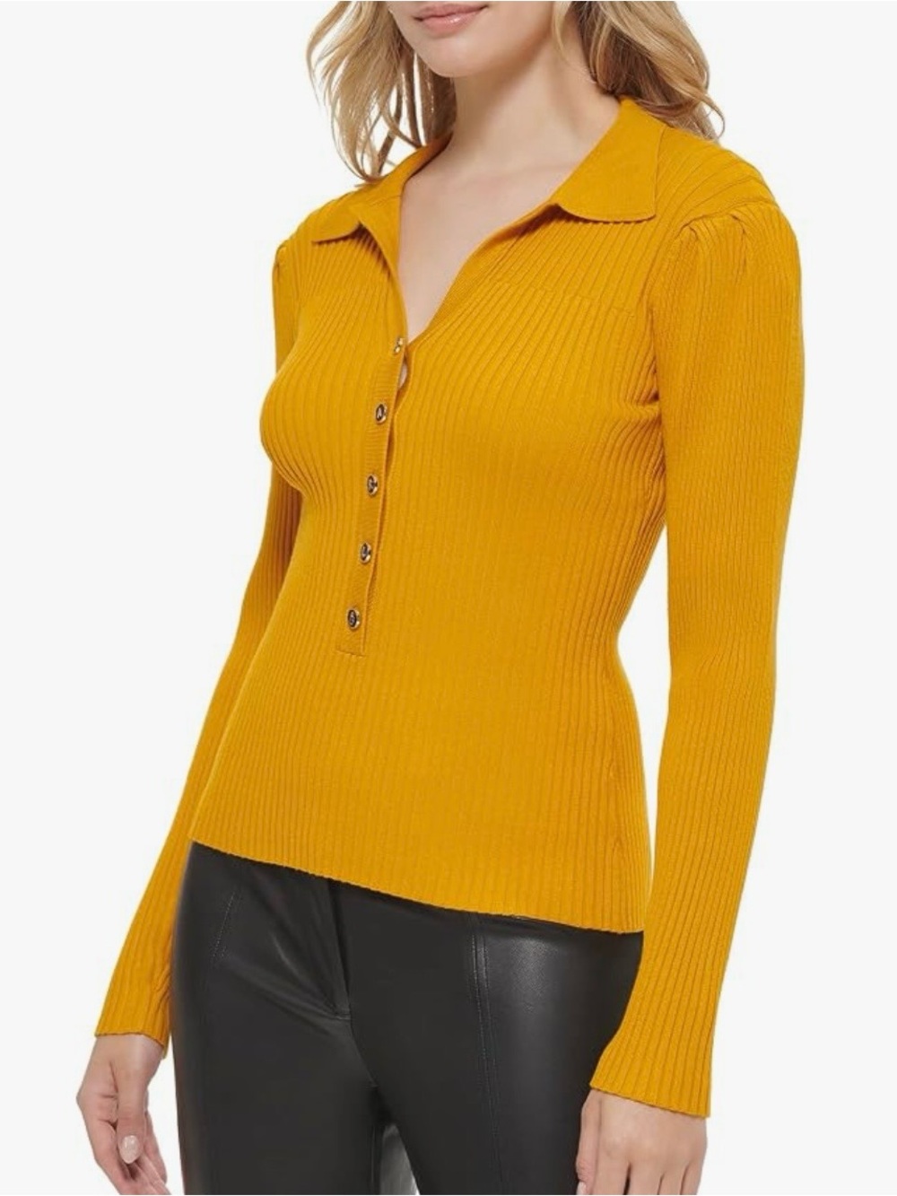 Karl Lagerfeld Mustard Ribbed Polo Button-Front Long Sleeve Sweater, XL